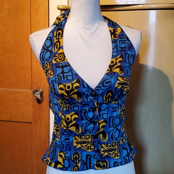 SOLD🦄 Rare Dixiefried Tiki Halter Top Button Up - Picture 2 of 6